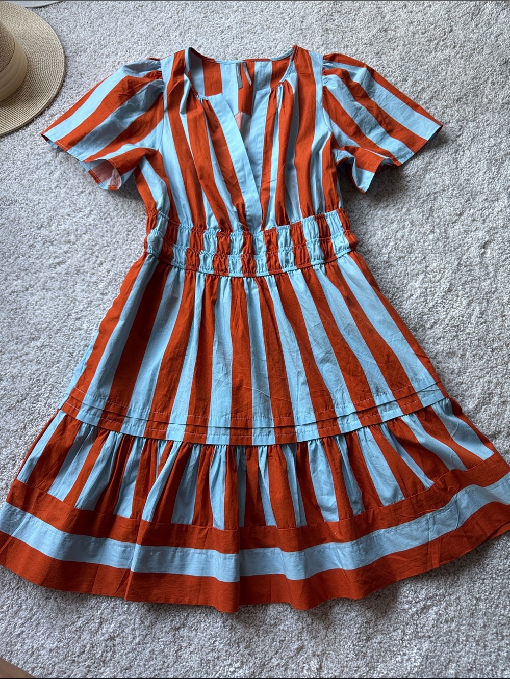 Anthropologie Rust and Light Blue Striped Tiered Dress